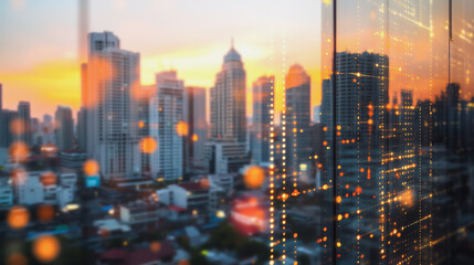 Smart digital Innovation City of the business world with connection financial business data all the time network reciprocity over the twilight cityscape. of future cyber security wireless digital city