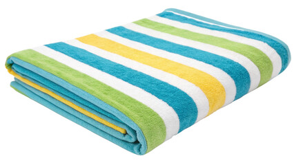 Folded Striped Beach Towel with Green Blue Yellow and White Stripes