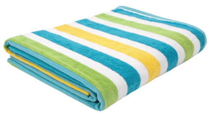 Folded Striped Beach Towel with Green Blue Yellow and White Stripes