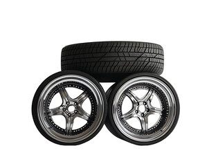 A stack of four tires and one wheel with a silver rim against a white backdrop.