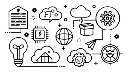 Outline Illustration of Cloud Computing Data Analytics and Artificial Intelligence Concepts
