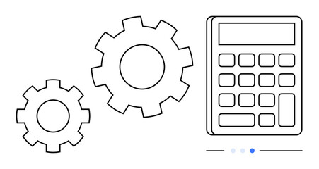 Two connected cogs alongside a calculator depicting ideas of calculation, automation, and optimization. Ideal for finance, operations, economics, technology, analytics, productivity simple landing