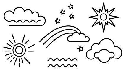 Weather and Nature Doodle Icons Sun Clouds Rainbow Stars and Waves