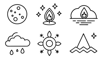 Set of six esoteric and spiritual symbols in outline style