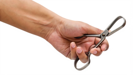 Hand holding small metal scissors isolated on a white background