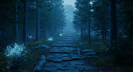 Fototapeta premium Enchanting Stone Path Through a Dark Misty Forest at Night with Glowing Plants