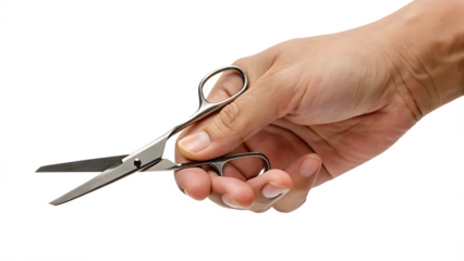 Hand holding small scissors isolated on a white background png ai generated