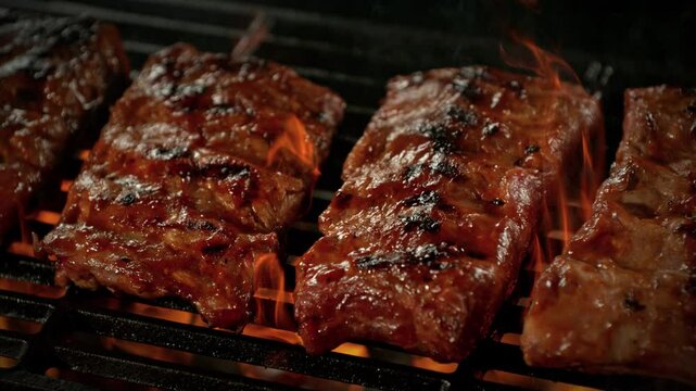 Super Slow Motion Shot of Pork Ribs on Fired Up Grill at 1000fps.