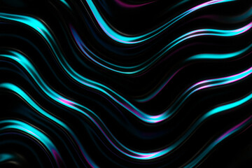 Oil-slick inspired liquid flow in black, cyan, and magenta, smooth distorted curves with reflective surface, edgy digital abstract
