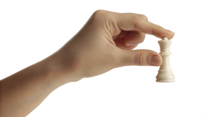 Hand holding white chess queen piece isolated on a white background