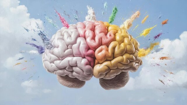 Colorful brain illustration with vibrant splashes of paint against blue sky and clouds, symbolizing creativity, imagination, and essence of thought and inspiration.