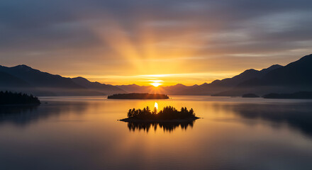 Majestic Sunrise over Calm Lake with Island Silhouette Mountain Range Backdrop