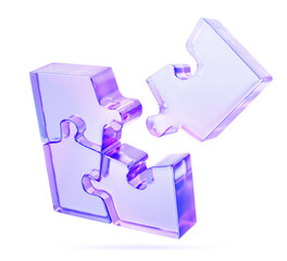 3d holographic glass morphism puzzle pieces. Purple gradient jigsaw game elements, connected group, assembly process. Crystal hologram blocks during connection, isolated render icon. 3D illustration