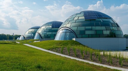 Three dome-shaped buildings with glass panels stand on a green lawn under a sky.
