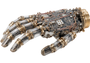 Intricate steampunk robotic hand detailed mechanism, On Transparent Background