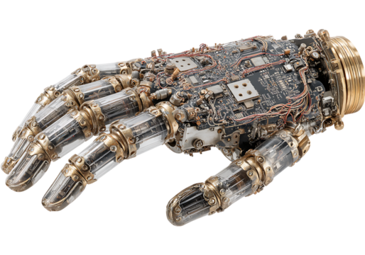 Intricate steampunk robotic hand detailed mechanism, On Transparent Background