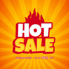 Hot sale promotion banner with fire and discount offer up to 75% off on orange background