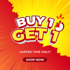 Buy 1 get 1 sale banner template promoting a limited-time offer with a ticking stopwatch
