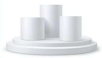 Three white cylindrical podiums on tiered circular base