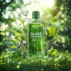 Transparent glass cleaner bottle with green leaves and bubbles.