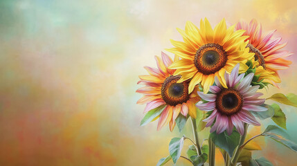 Obraz premium watercolor botanical Sunflower flowers texture template background.Elegant wedding invitation card background . Minimal hand painted Design for wedding or Valentine's Day