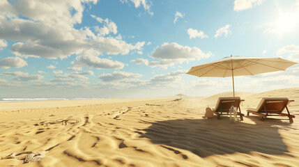Obraz premium Beach umbrella and chairs on golden sand, summer relaxation and getaway concept ﻿