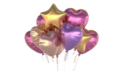 Festive Pink, Gold, and Purple Heart and Star Balloons