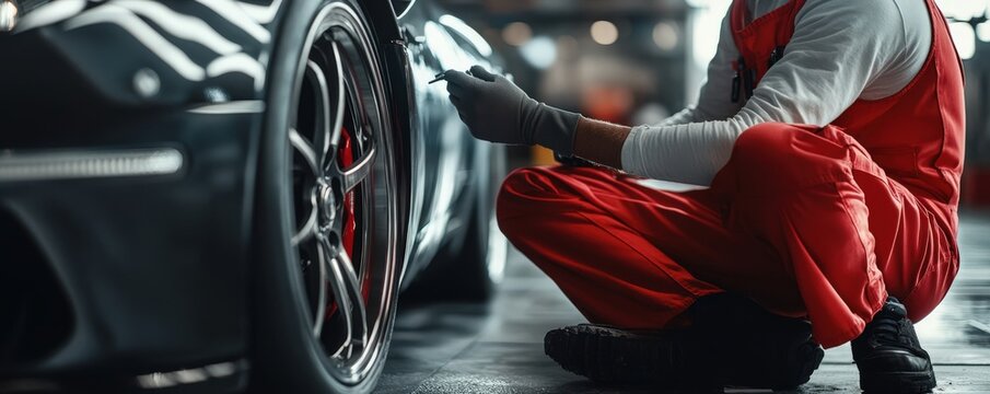 A skilled mechanic is currently changing a tire on a car in the garage