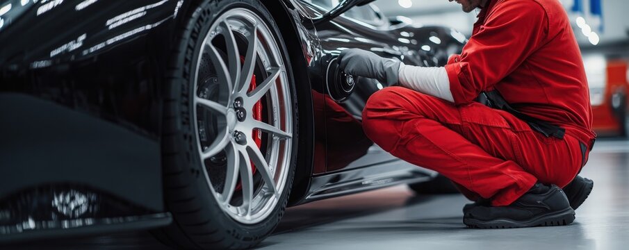 A skilled mechanic is currently changing a tire on a car in the garage