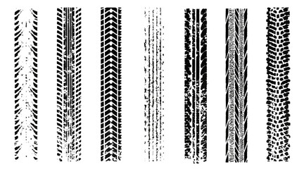 Traces of car, motorcycle tread. Curved realistic traces of tires of wheels from different types of tread vector png. Car wheels on disks.   © Iryna