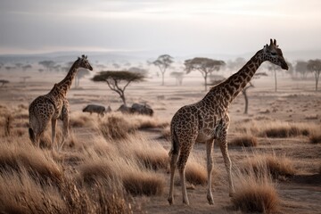 Obraz premium A herd of giraffes in a field with trees in the background
