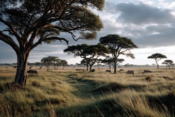 Obraz premium A herd of giraffes in a field with trees in the background