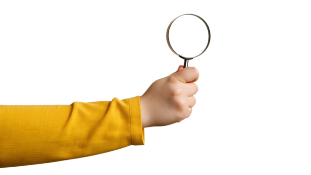 Child's hand holding magnifying glass isolated on a white background - Powered by Adobe