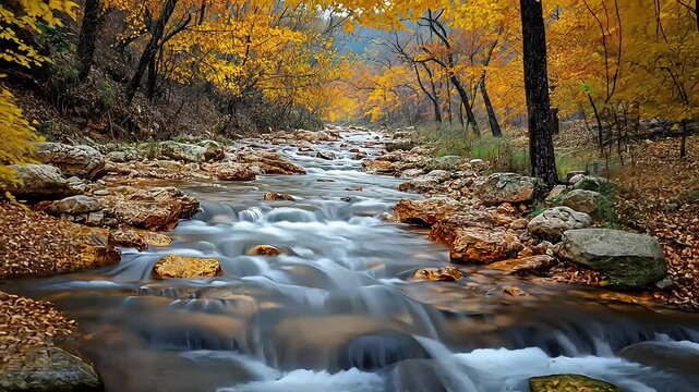 Colorful autumn forest with flowing rocky stream