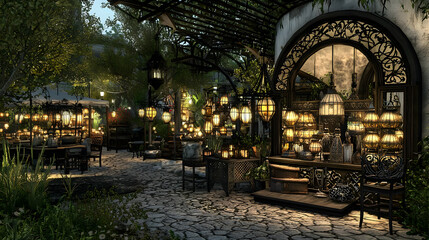 Obraz premium Evening Outdoor Cafe Scene with Stone Pathway and String Lights