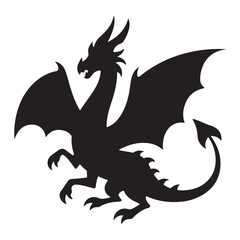 Black and white dragon with silhouette style as a vector tattoo design with wings and mythical animal features