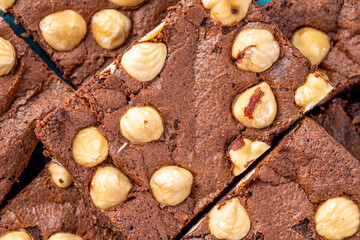 Homemade chocolate brownie photography . Top view on rustic background.Rich chocolate brownie ,...