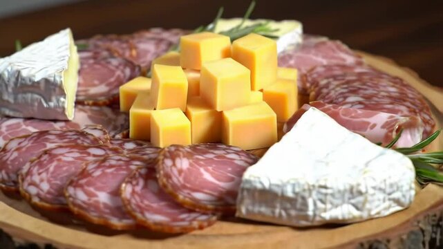 Cinematic orbit and zoom on rustic charcuterie board, cured meats, cheeses, rosemary, soft natural light