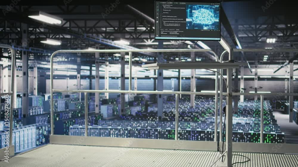 Poster pc monitor on data center industrial platform displaying hardware status for ai training workflows. 