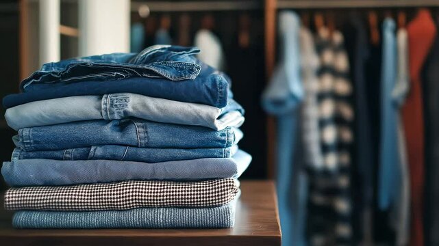 Stack of clothes on table in wardrobe at home	