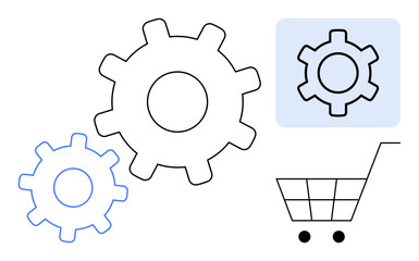 Large gear paired with smaller ones near a shopping cart. Window view of gear. Ideal for e-commerce, automation, process optimization, technology, innovation, mechanical systems, simple landing page