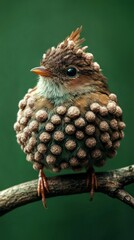 Obraz premium A bird covered in small, furry balls, cute and fluffy. The background is green. It's an adorable little sparrow with many tiny, round, fur ball-like textures covering its body, sitting on a branch in 