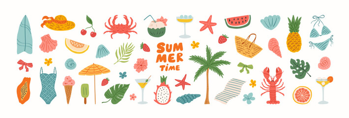 Plakat Summer vacation doodle illustration set. Beach and sea travel cute elements. Hand drawn palm tree, fruit, lobster, seafood, shell, bikini, umbrella, cocktail. Coastal collection for card, prints.