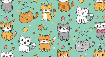 Adorable Cartoon Cats Seamless Pattern Cute Kittens Stars and Party Hats Perfect for Kids Designs
