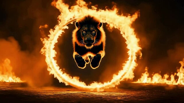 A Lion jumping through flaming hoop in circus show	