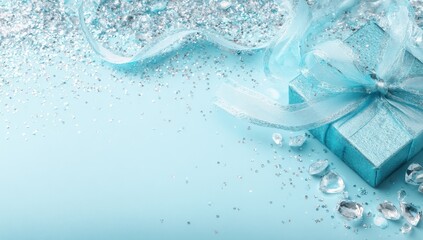 Obraz premium Light blue gift box with silver glitter and ribbon