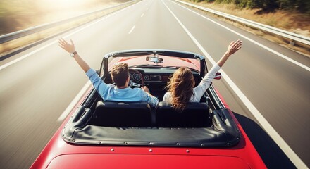 Freedom Ride, Two People in Open-Top Car, Arms Raised, Road to Horizon View