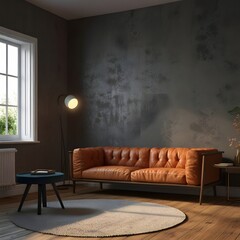 Minimalist, loft interior design of modern living room with earthy tones, featuring a terra cotta sectional sofa, black coffee table, a textured wall art piece and modern living room interior.