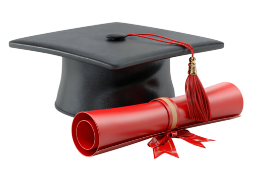Graduation cap and diploma red scroll education success achievement, On Transparent Background