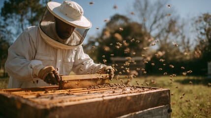 beekeeper working in the garden